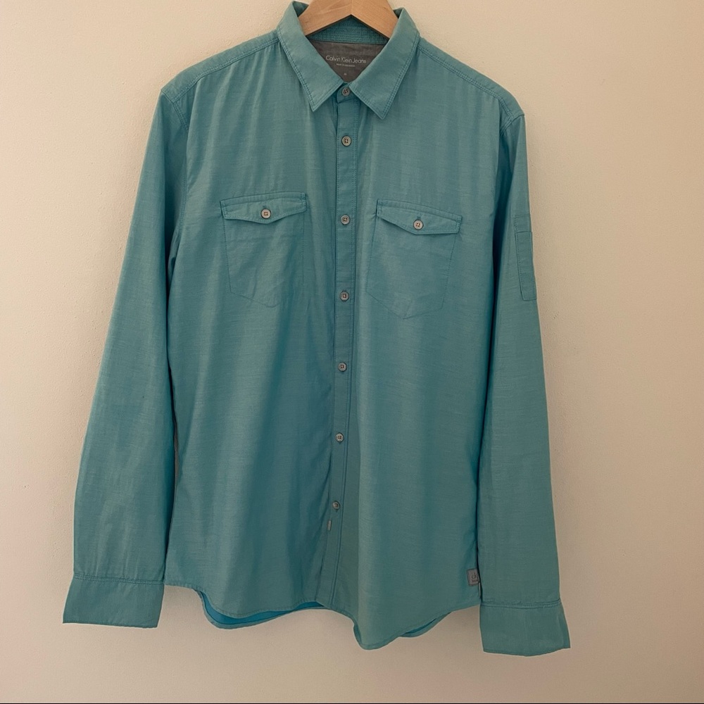 Calvin Klein Jeans Mens Turquoise Blue Button Down Shirt Size Medium